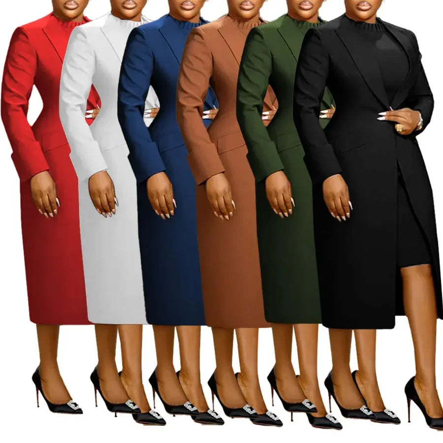 Long Sleeve Blazer and Dress Two Piece Set for Women