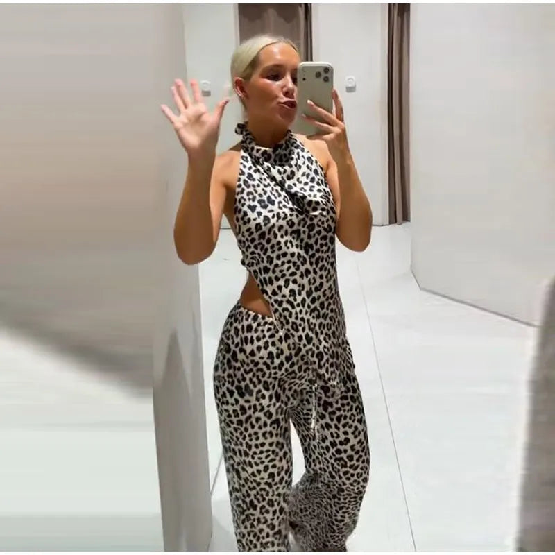 Leopard Print Halter Neck Top And High Waist Flare Pants Set For Women