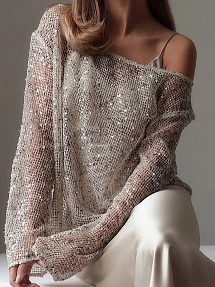 Elegant Sequined Long Sleeve Pullover Blouse for Women