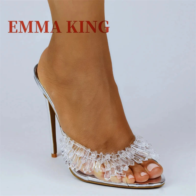 Clear PVC High Heel Beaded Open Toe Mules for Women