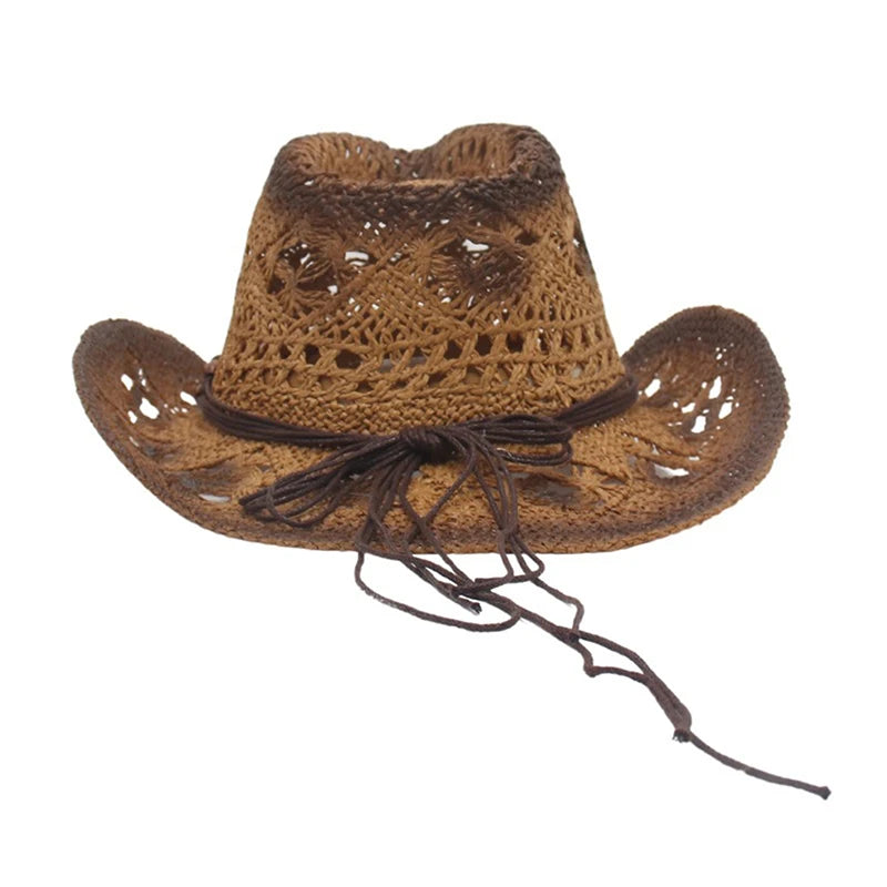 Creative Curled Straw Ethnic Beaded Chain Cowboy Hat for Women