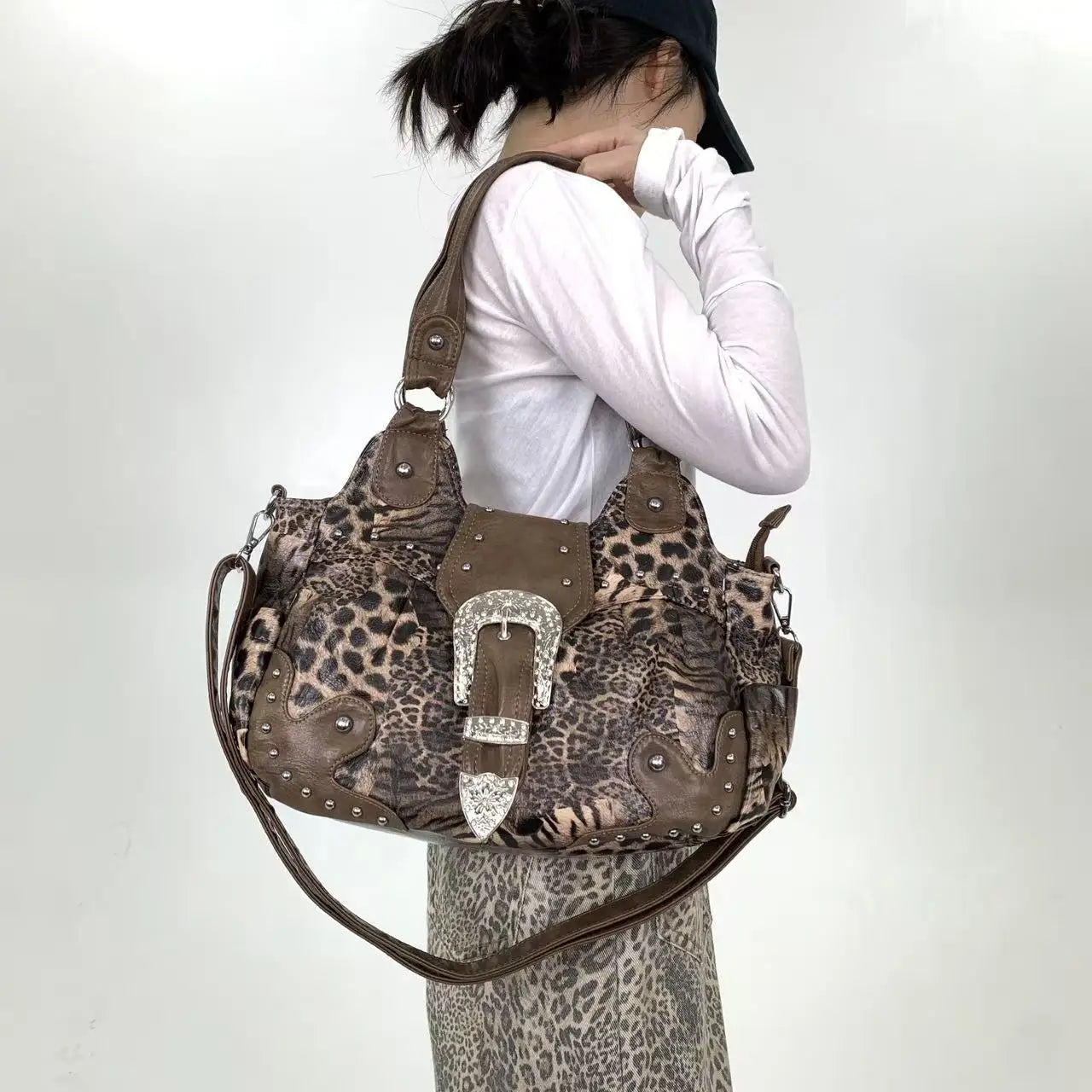 Leopard Print Patchwork Tote Bag with Pockets for Women