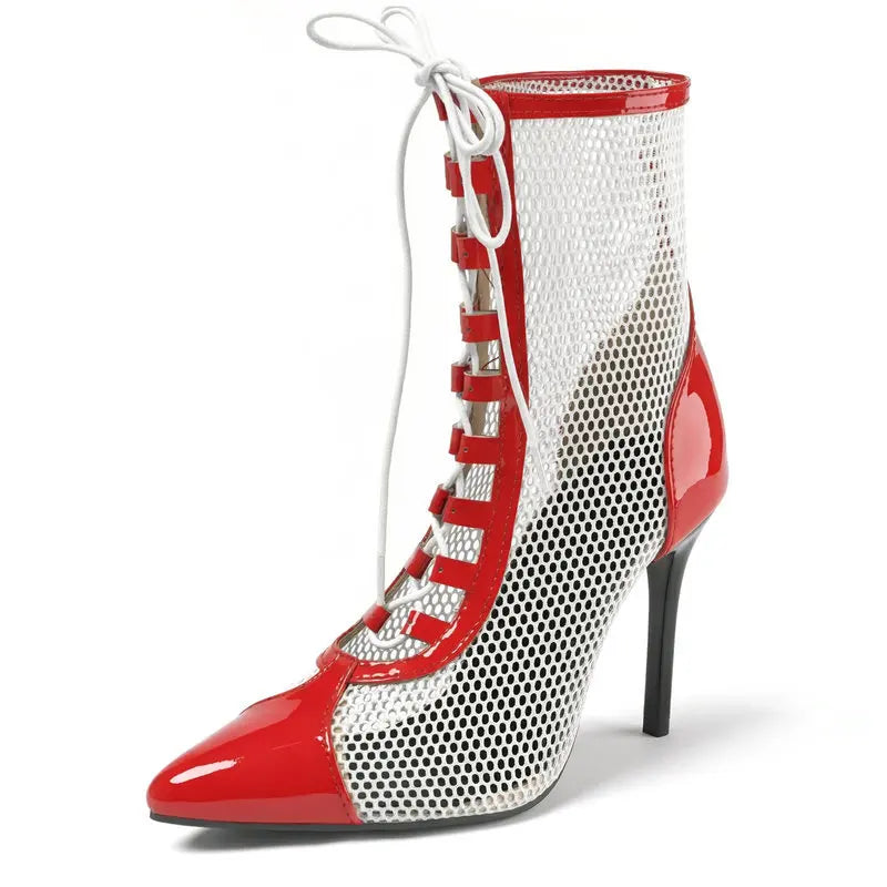 Breathable Mesh Pointy Toe Lace Up Thin Heel Ankle Boots for Women