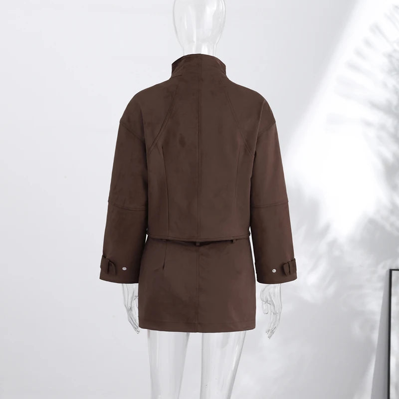 Vintage Suede Jacket and Mini Skirt Two Piece Set for Women