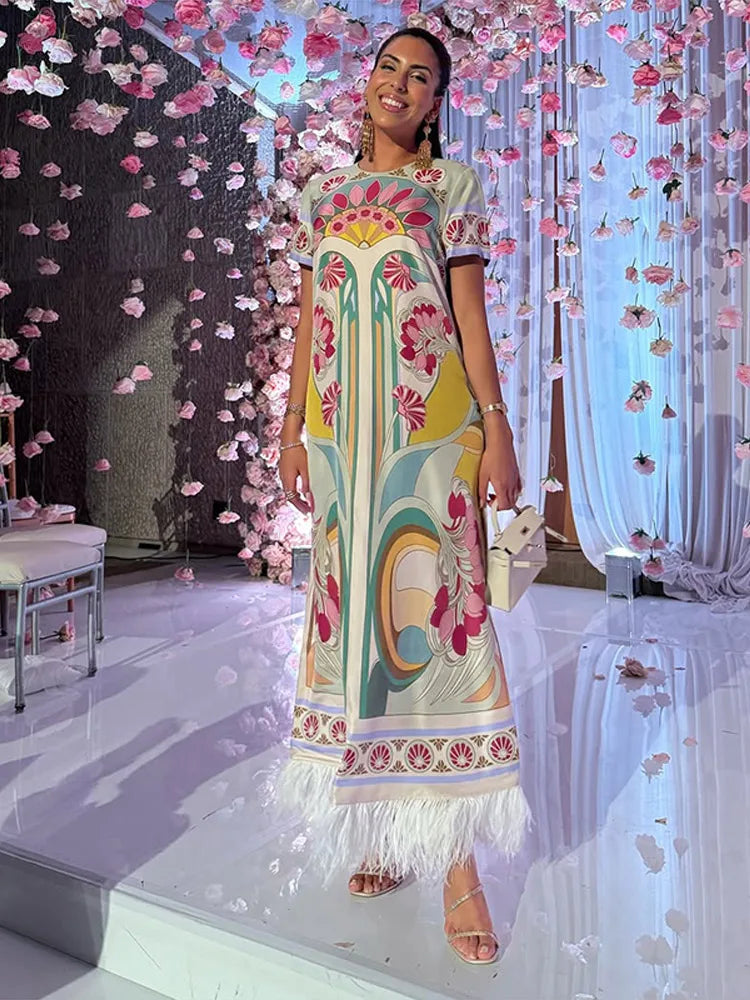 Elegant Floral Print Feather Hem Maxi Dress For Women