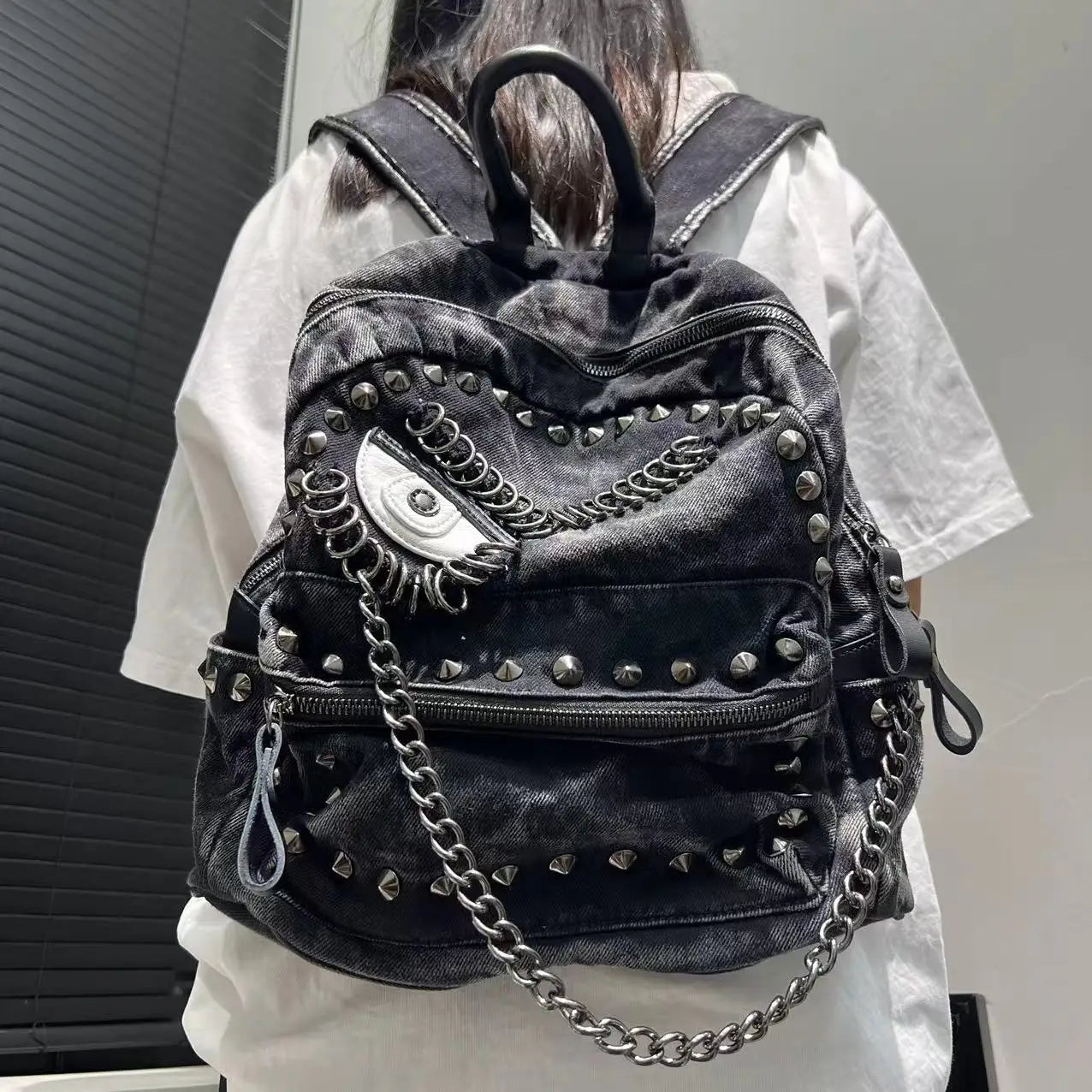 Steampunk Denim Backpack with Chain Details for Women