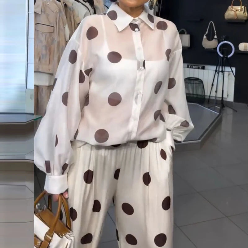Elegant Polka Dot Print Chiffon Outfit Fashion Lapel Button Shirt & Long Pant Suit Women Casual Long Sleeve Pocket Loose 2Pc Set