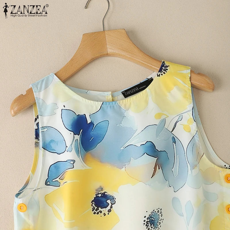 ZANZEA Womens 2025 Summer Casual Floral Printed Tank Tops Fashion O-Neck High-Low Sleeveless T-Shirts Day Wear Simple Camis Tops