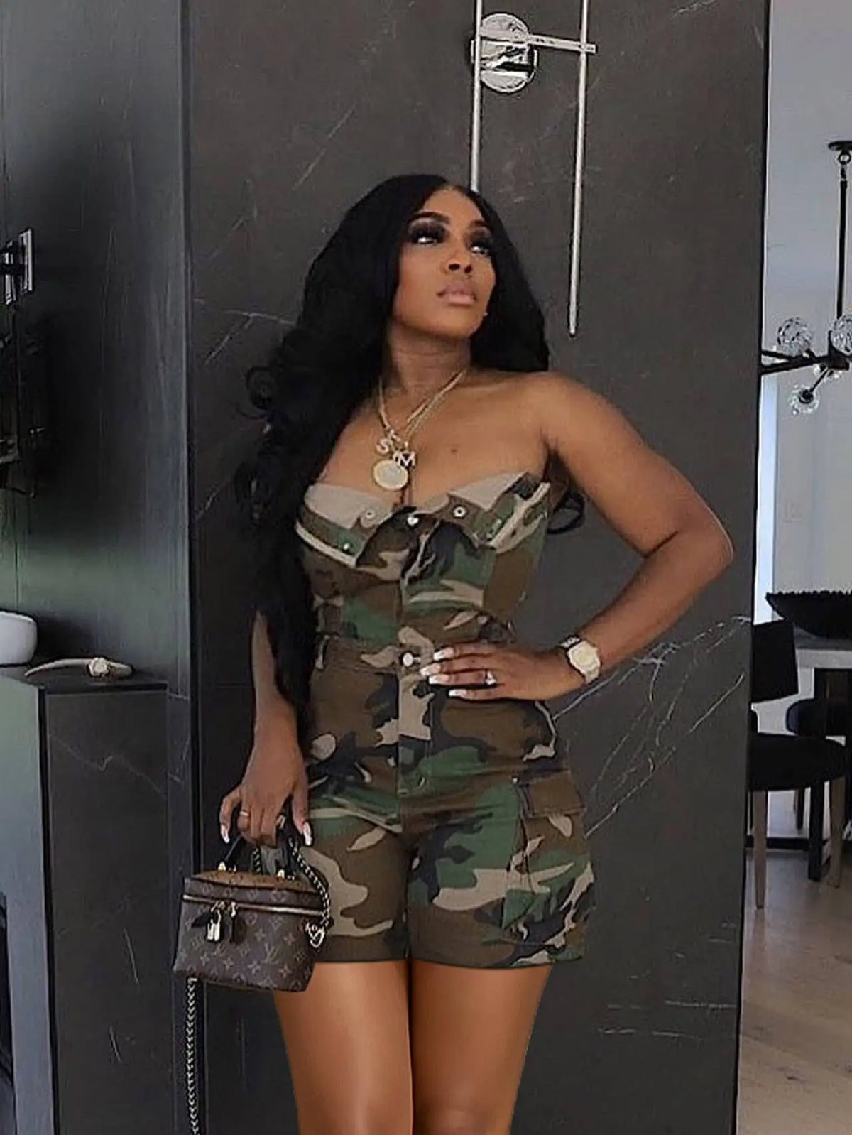 Camouflage Lace Trim Slim Fit Jumpsuit Romper for Women