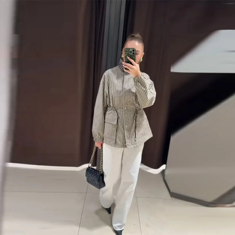 Grid Pattern Stand Collar Long Sleeve Coat for Women