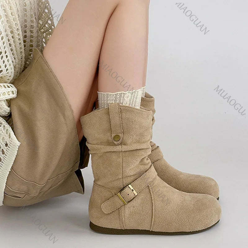 Retro Suede Buckle Slip On Western Ankle Boots for Women