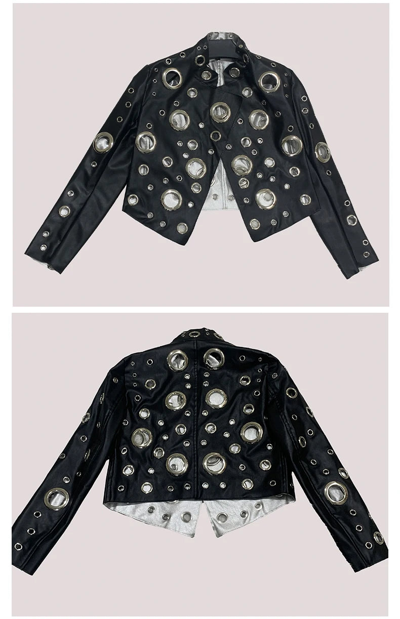 Sequin Hollow Out Patchwork Faux Leather Jacket For Women