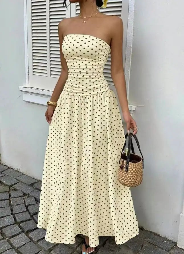 Vintage Polka Dot Strapless Ruffle Maxi Dress for Women