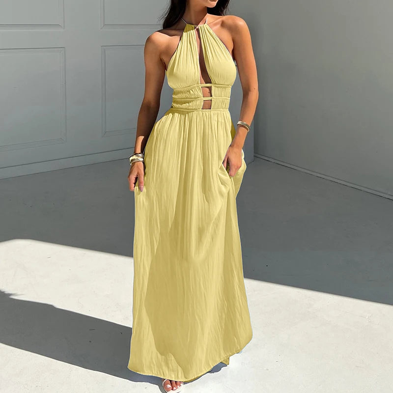 Halter Neck Hollow Pleated Solid Maxi Dress for Women