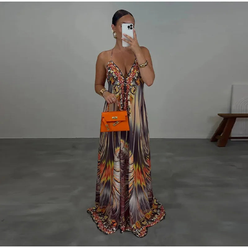 Beach Print Halter Neck Backless Long Dress for Women