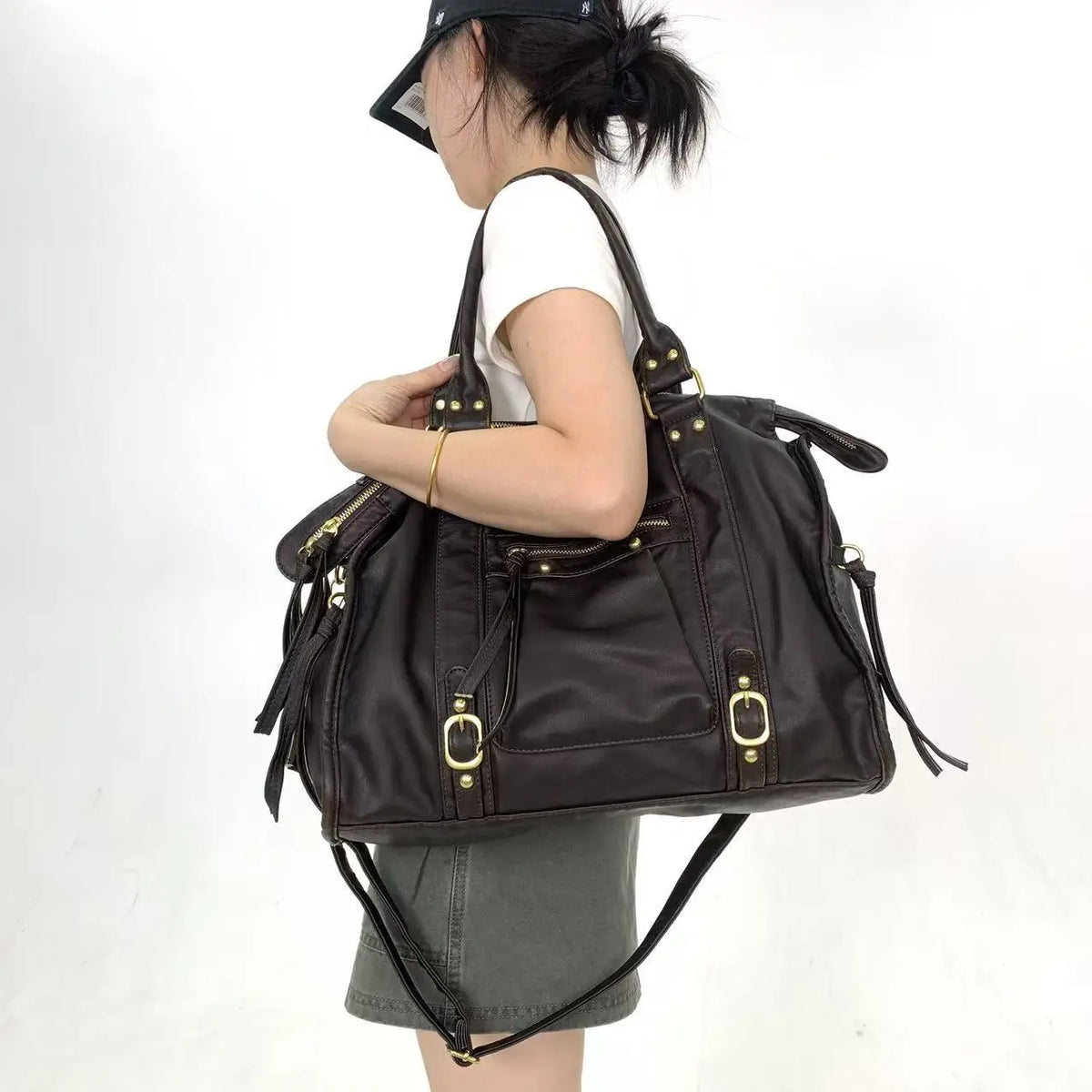 Retro Multi-Pocket Motorcycle Shoulder Bag for Women