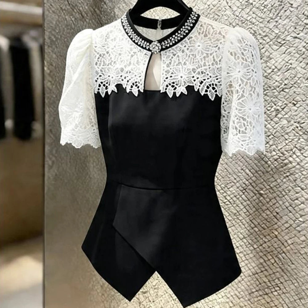 Chic Black Lace Spliced Short Sleeve Summer Shirt For Women