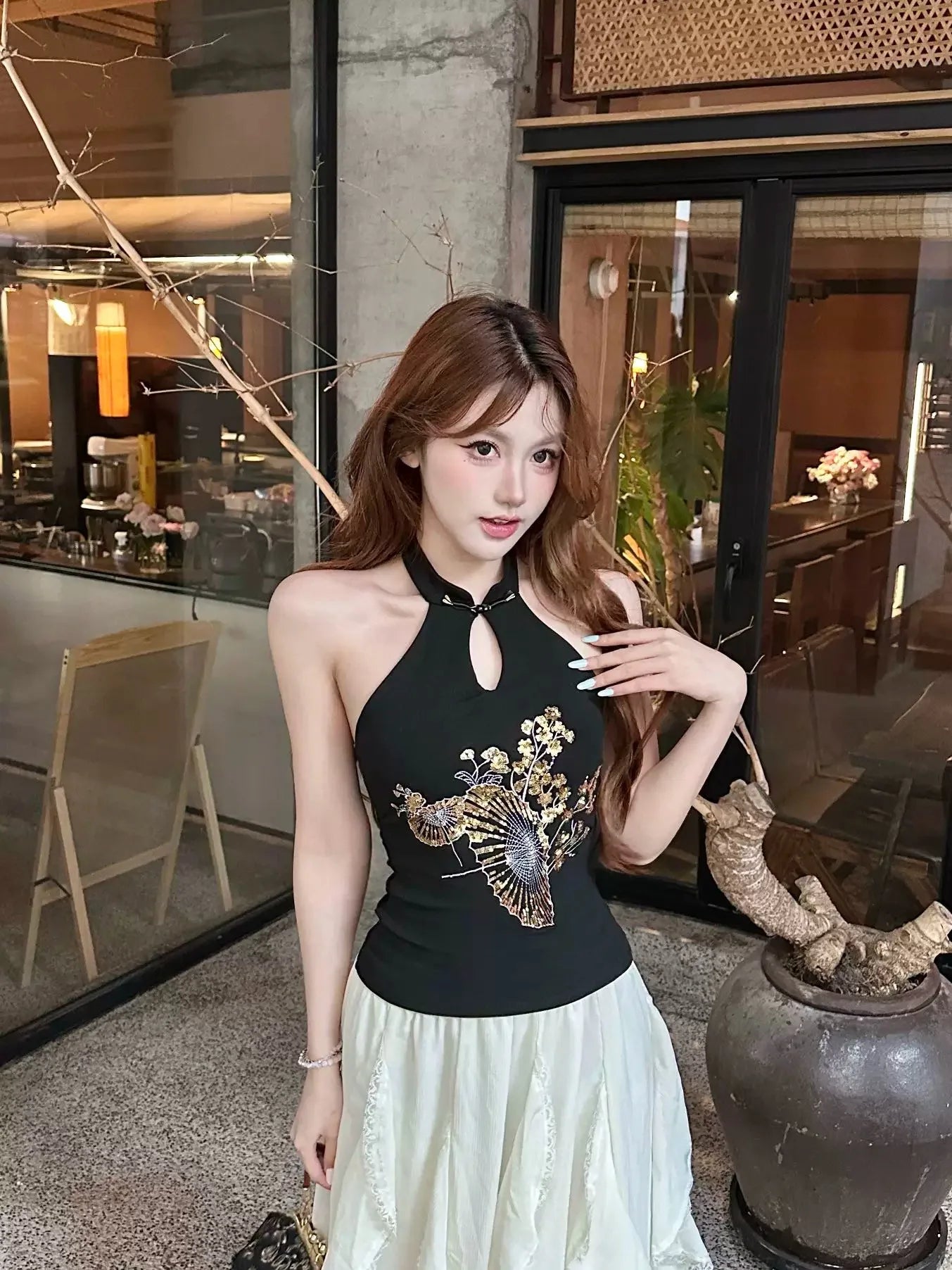 Vintage Sequin Embroidered Backless Camisole For Women