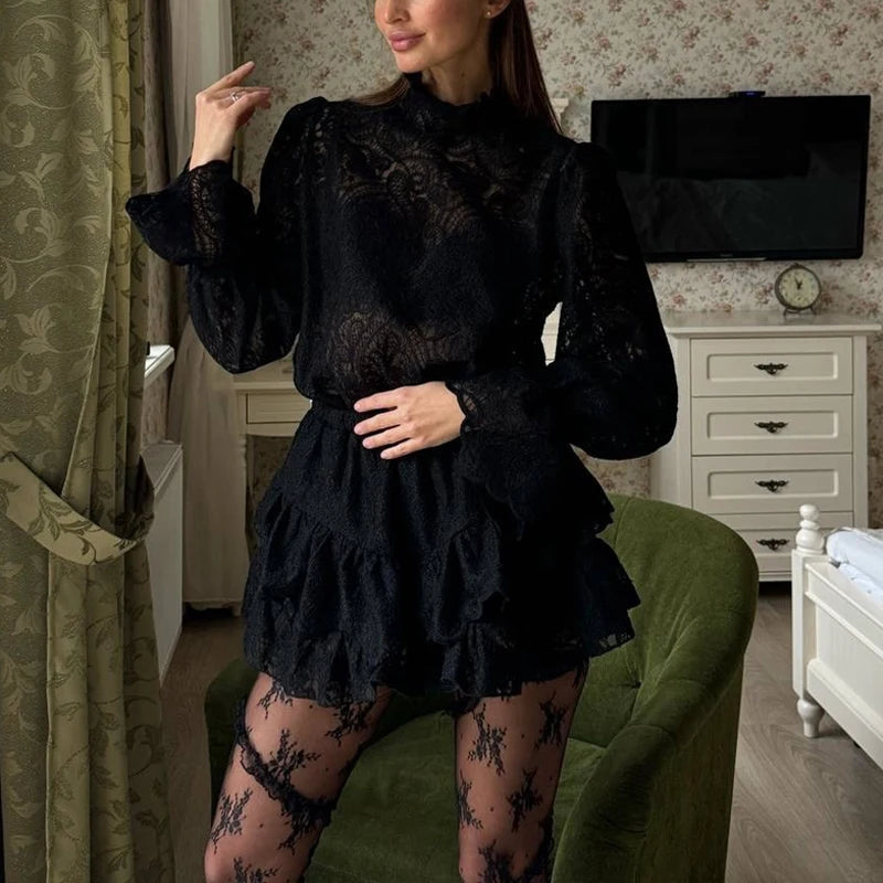 Embroidered Stand Collar Shirt And Skirt Set for Women