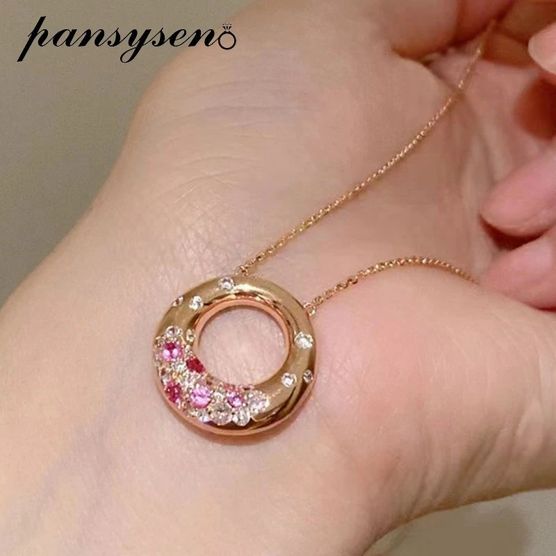 PANSYSEN 925 Sterling Silver Sparkling Pink Sapphire High Carbon Diamond Pendant Necklace 18K Gold Plated Wedding Party Jewelry