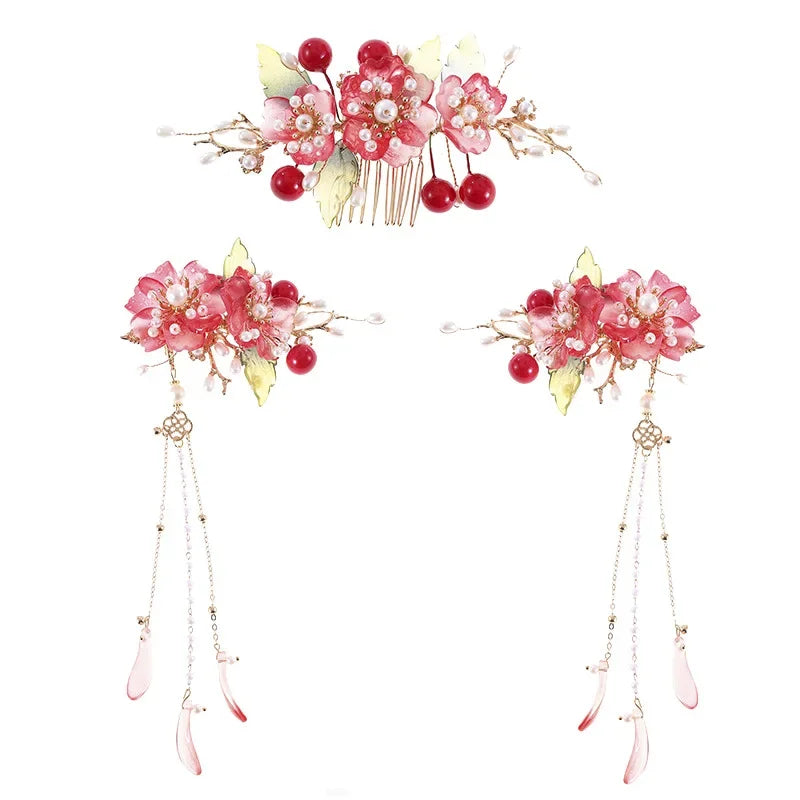 Red Flower Tassels Hair Comb Set