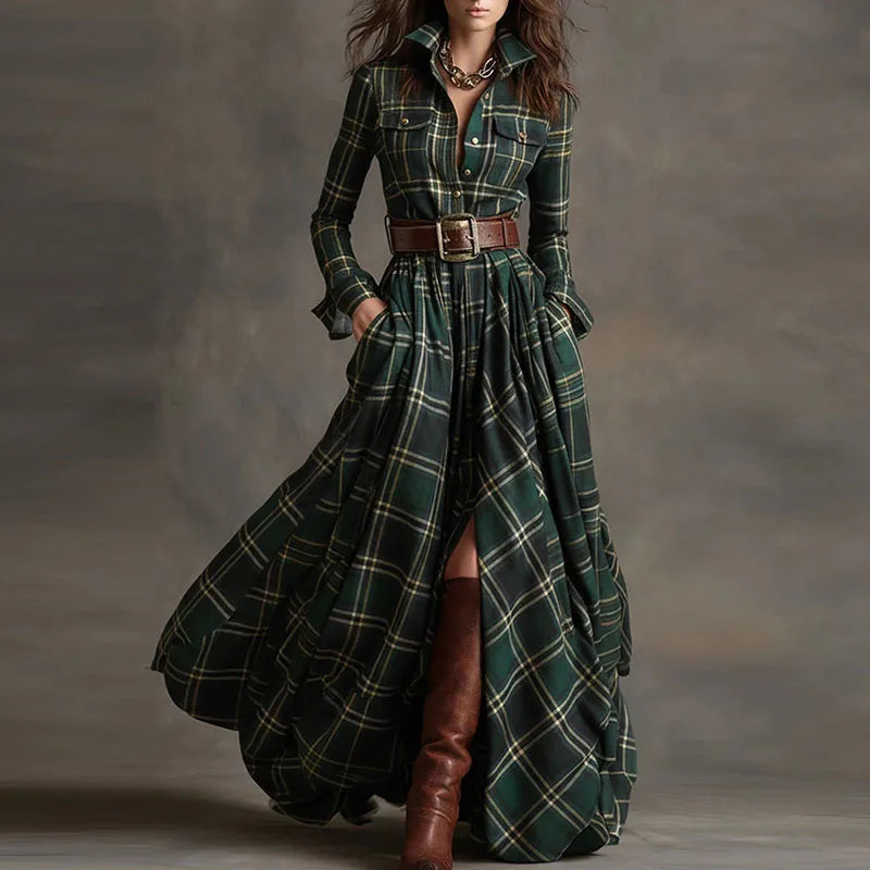 Autumn Elegant Lapel Button Long Dress Lady Casual Long Sleeve Pocket Party Dress Vintage Plaid Printed Draped Loose Shirt Dress