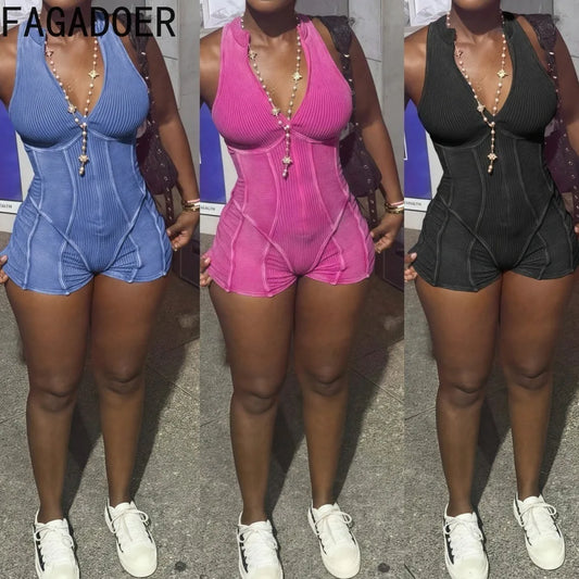 FAGADOER Casual Rib Halter Backless Rompers Women Washed V-neck Sleeveless Skinny Playsuits Jumpsuit Female Streetwear Overalls