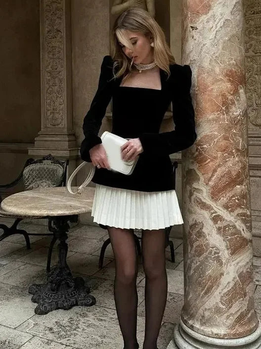 Elegant Splicing Velvet Women Pleated Skirt Chic Long Sleeved Waist Slimming Square Neck Dress Lady Party Vacation Dresses