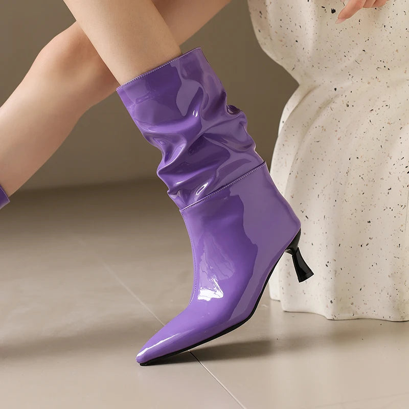 Patent Leather Pointed Toe Mid Calf Slouch Boots for Women
