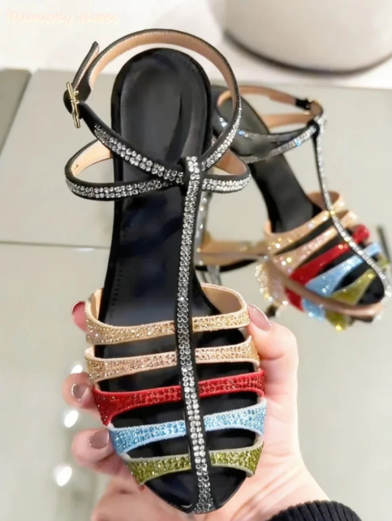 Luxury Rhinestone Buckle Open Toe Stiletto Sandals For Women
