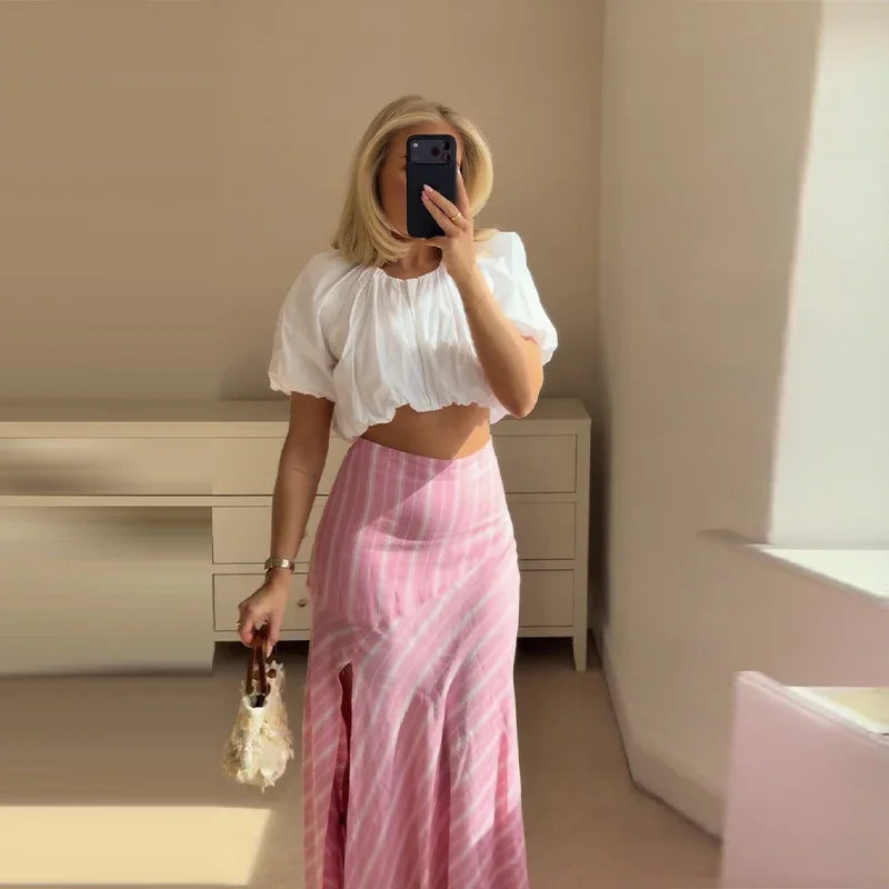 Elegant Striped Long Sleeve Shirt and Skirt Set for Women