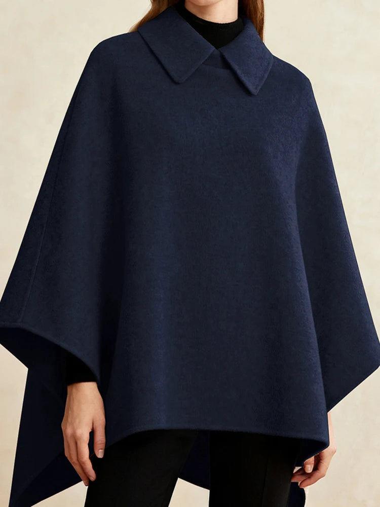 Elegant Patchwork Long Cape Coat With Turn-Down Collar for Women