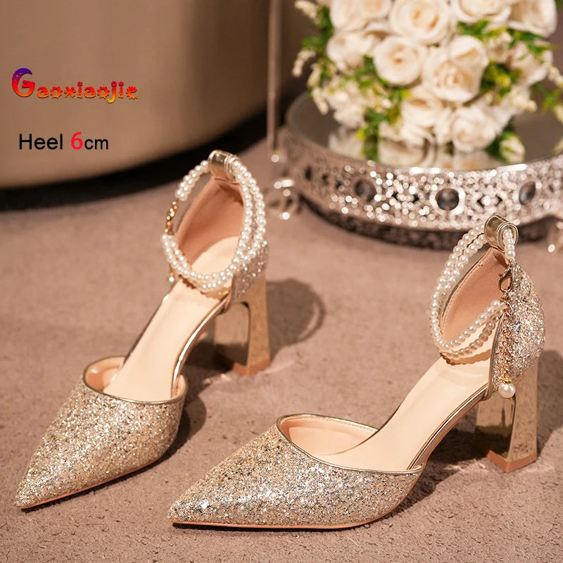 Pearl Embellished High Heel Ankle Strap Sandals for Women