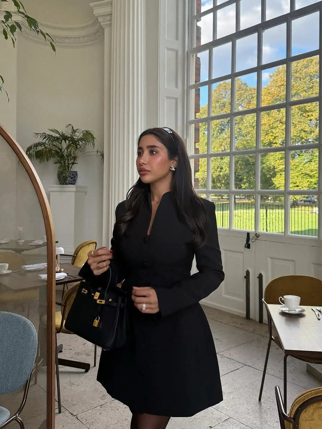 Elegant Stand Collar Mini Dress Women Casual Single Breasted Full Sleeve Cinched-waist Short Dresses Lady Evening Dinner Gowns