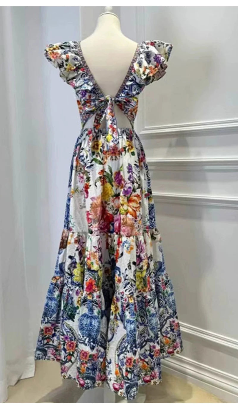 Deep V Neck Print Midi Dress