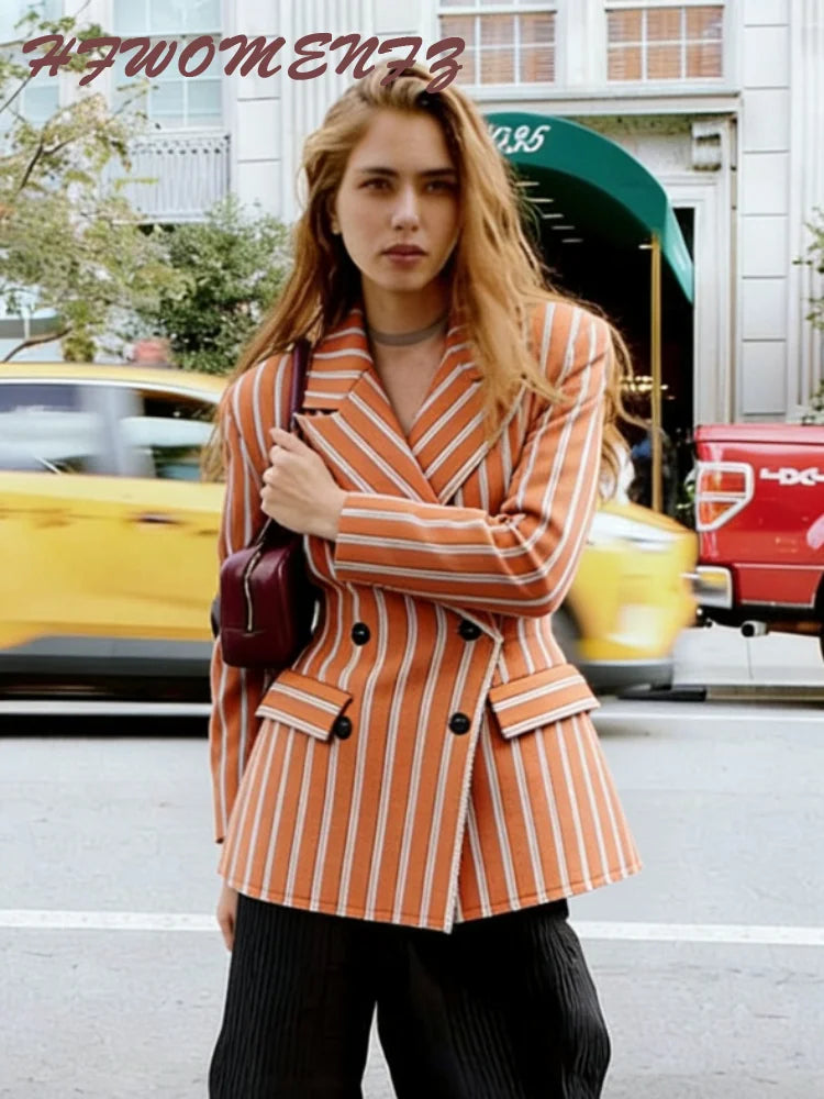 Striped Double-Breasted Blazer With Lapel for Women