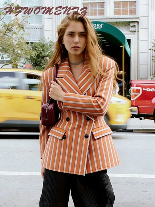 Striped Double-Breasted Blazer With Lapel for Women