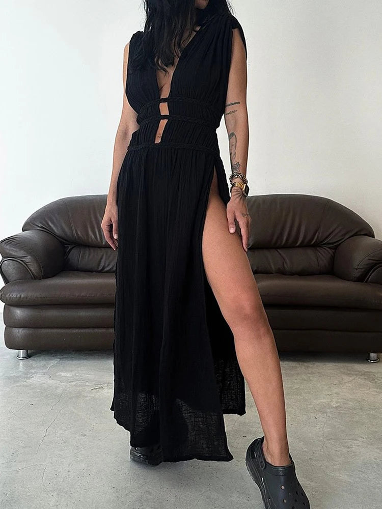 2025 Sexy Swimsuit Cover Up V Neck Back Open Beach Maxi Dress For Women Braided Belt Slit Long Tunic Vintage Party Dresses A2922