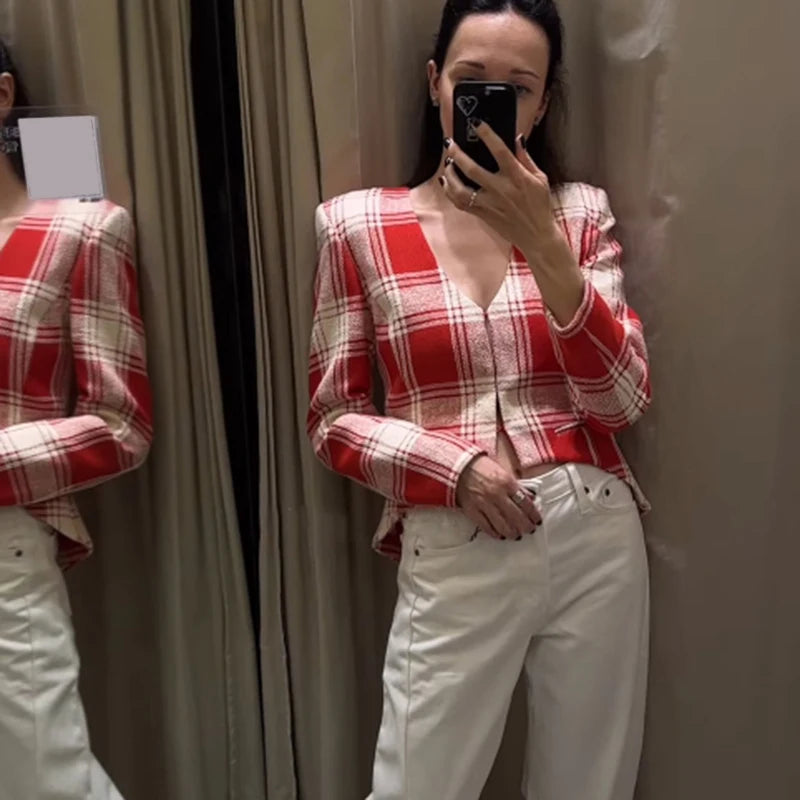 Elegant Plaid Long Sleeve V-Neck Single Breasted Jacket for Women