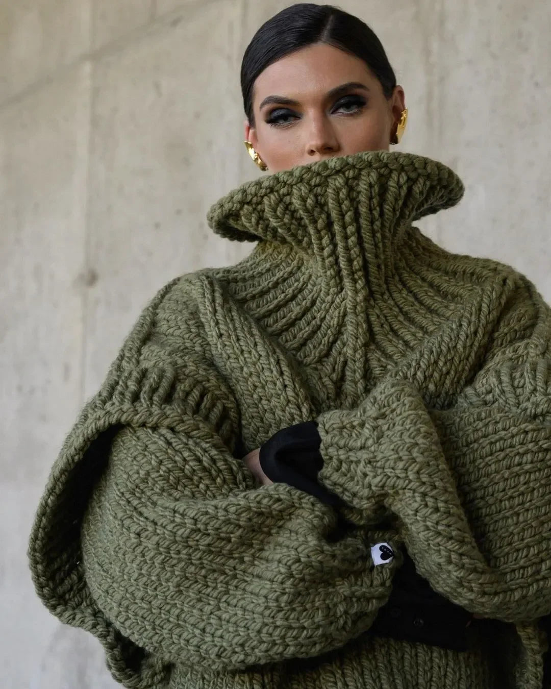 Oversized Knit Turtleneck Sweater With Lantern Sleeves For Women