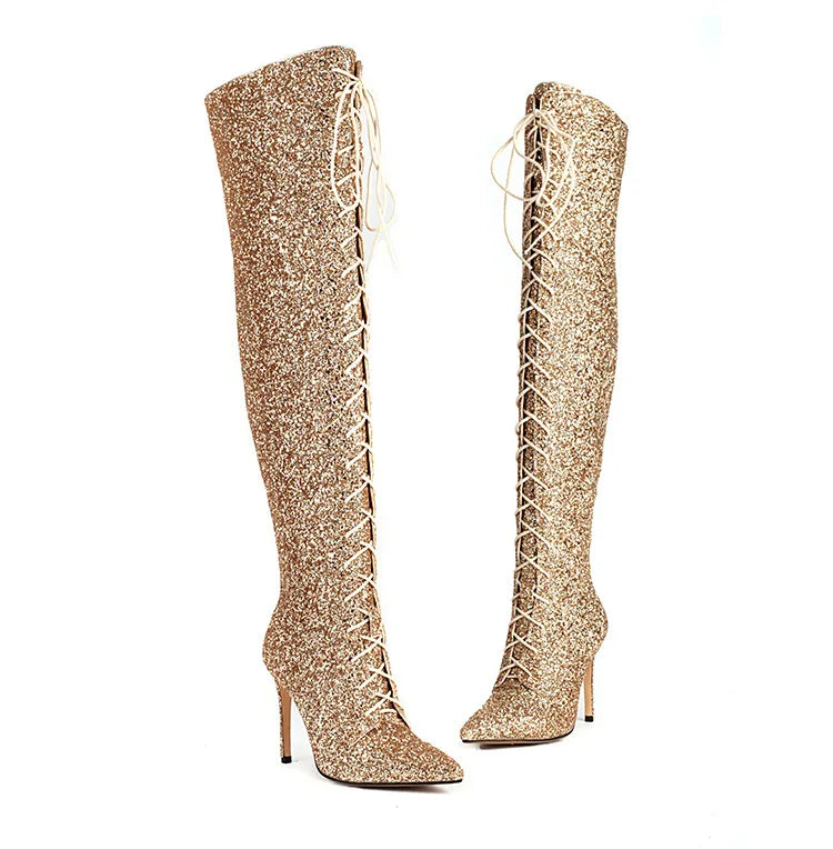Shiny Sequined Over The Knee High Heel Boots for Women