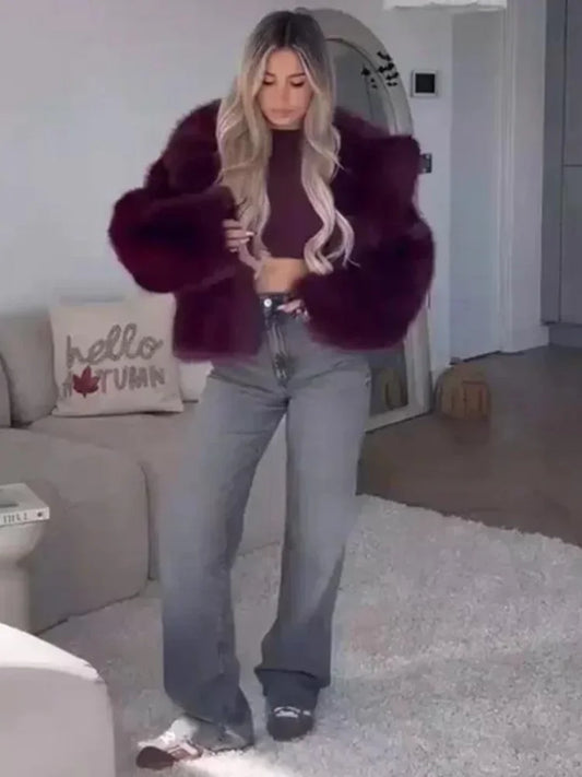 Burgundy Faux Fur Coat Vintage Long Sleeve Furry Warm Jacket Casual Fashion Women Coats 2025 Autumn High Street Lady Outerwear