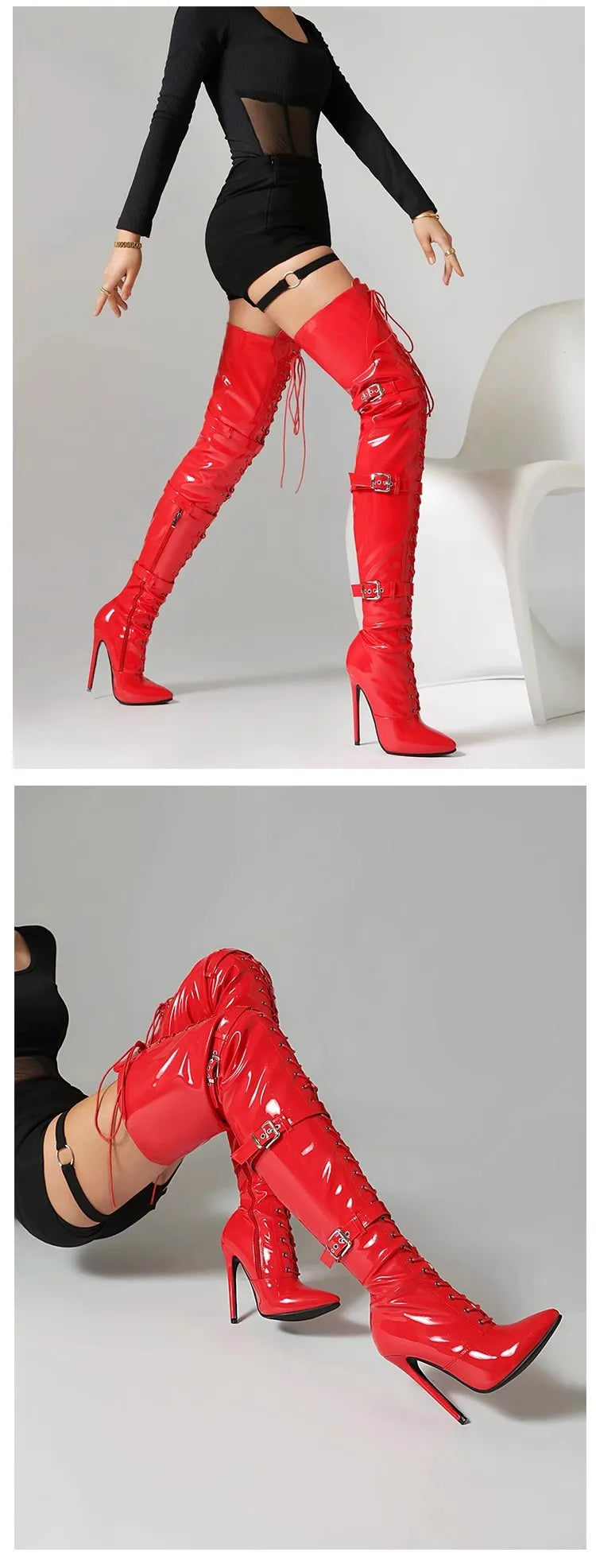 Modern Elegant Pointed Stiletto Heel Thigh High Leather Boots For Women