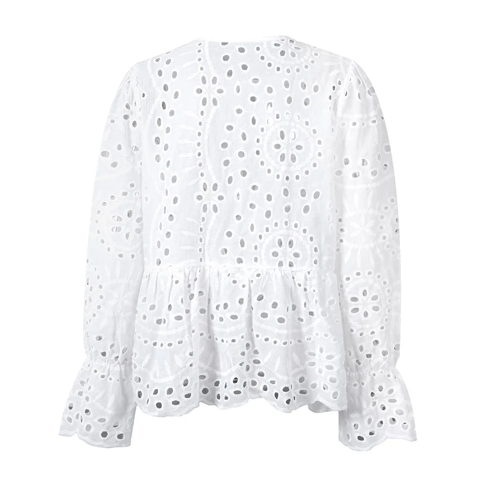 Women's Solid Boho Hollow Out Lace Up Lantern Sleeve Ruffle Blouse Autumn Ladies Casual Loose Holiday Vacation Tops Size S-2XL