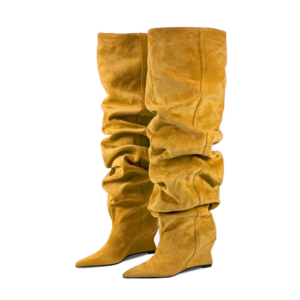 Pointed Toe Denim Over-The-Knee With Wedge Boots for Women