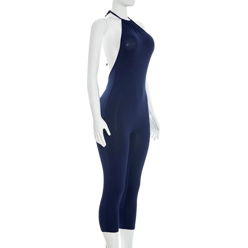 Sexy Solid Color Halter Sleeveless Backless Bodycon Jumpsuit for Women