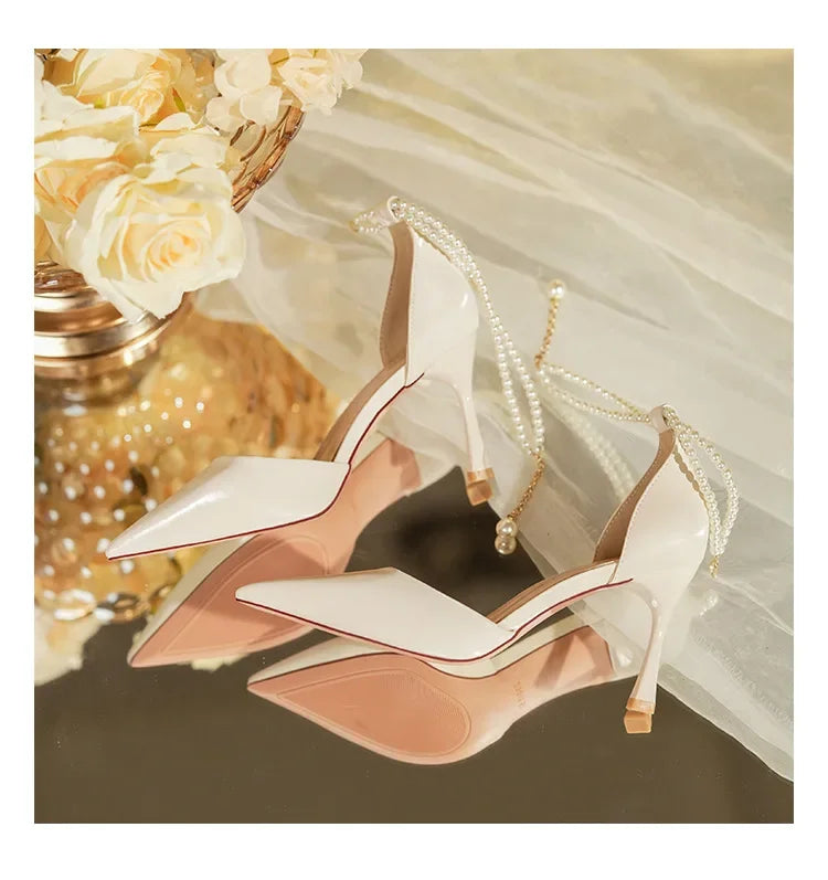 Pearl Stiletto Bow Ankle Pumps