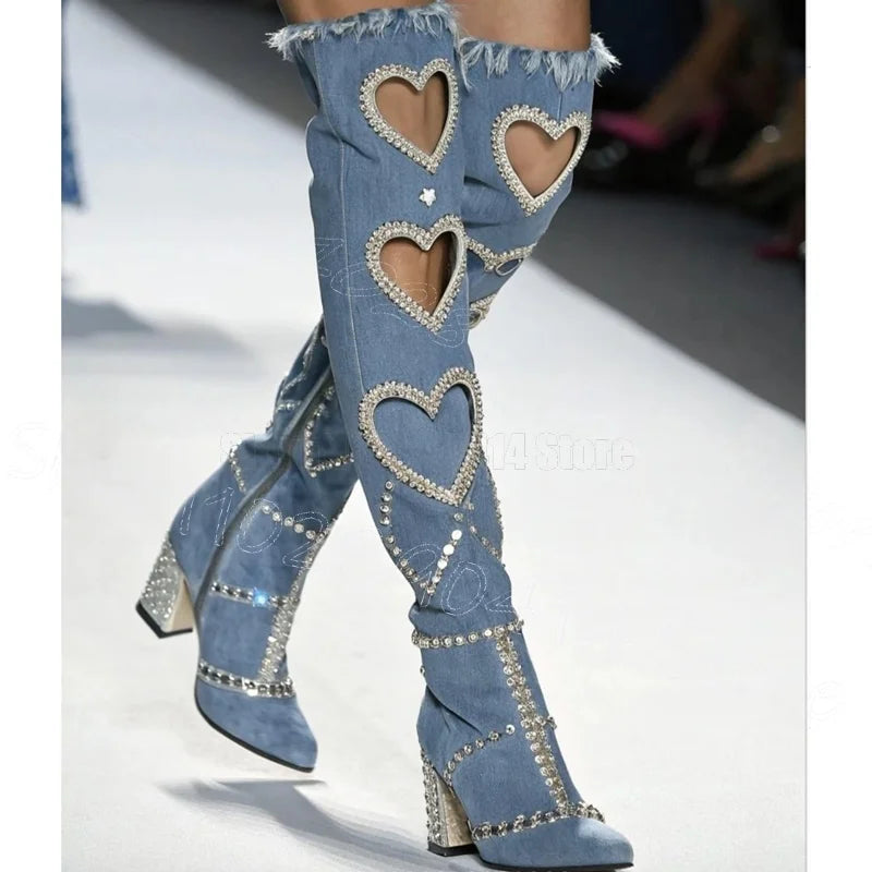 Chunky Heel Pointy Toe Denim Boots With Side Zipper For Women