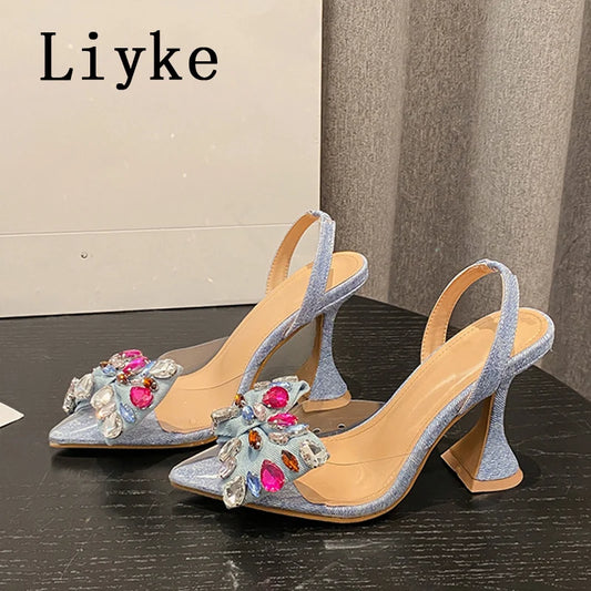 Blue Crystal Bowknot Pointed Toe Heels