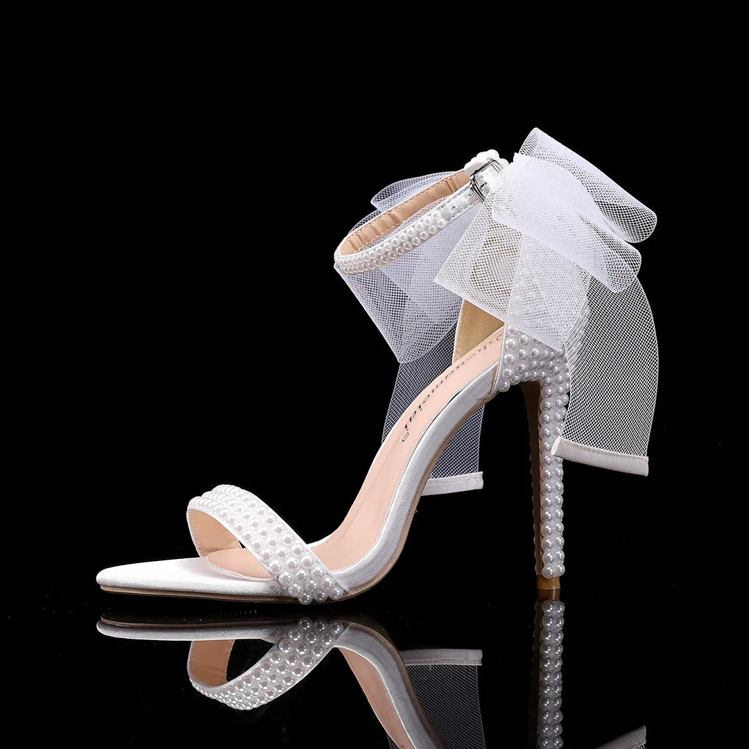 Elegant Pearl Beaded Mesh Bowknot Sandals for Women